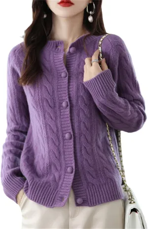 100% Pure Wool Knitted Cardigan Women's V-Neck Loose Cashmere Sweater Coat