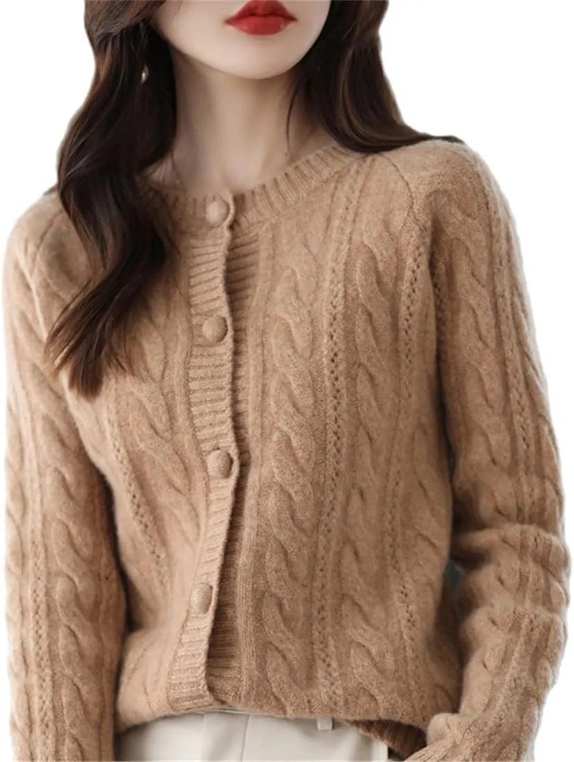 100% Pure Wool Knitted Cardigan Women's V-Neck Loose Cashmere Sweater Coat