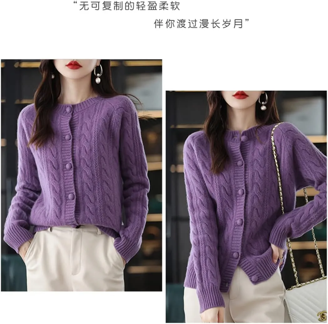 100% Pure Wool Knitted Cardigan Women's V-Neck Loose Cashmere Sweater Coat