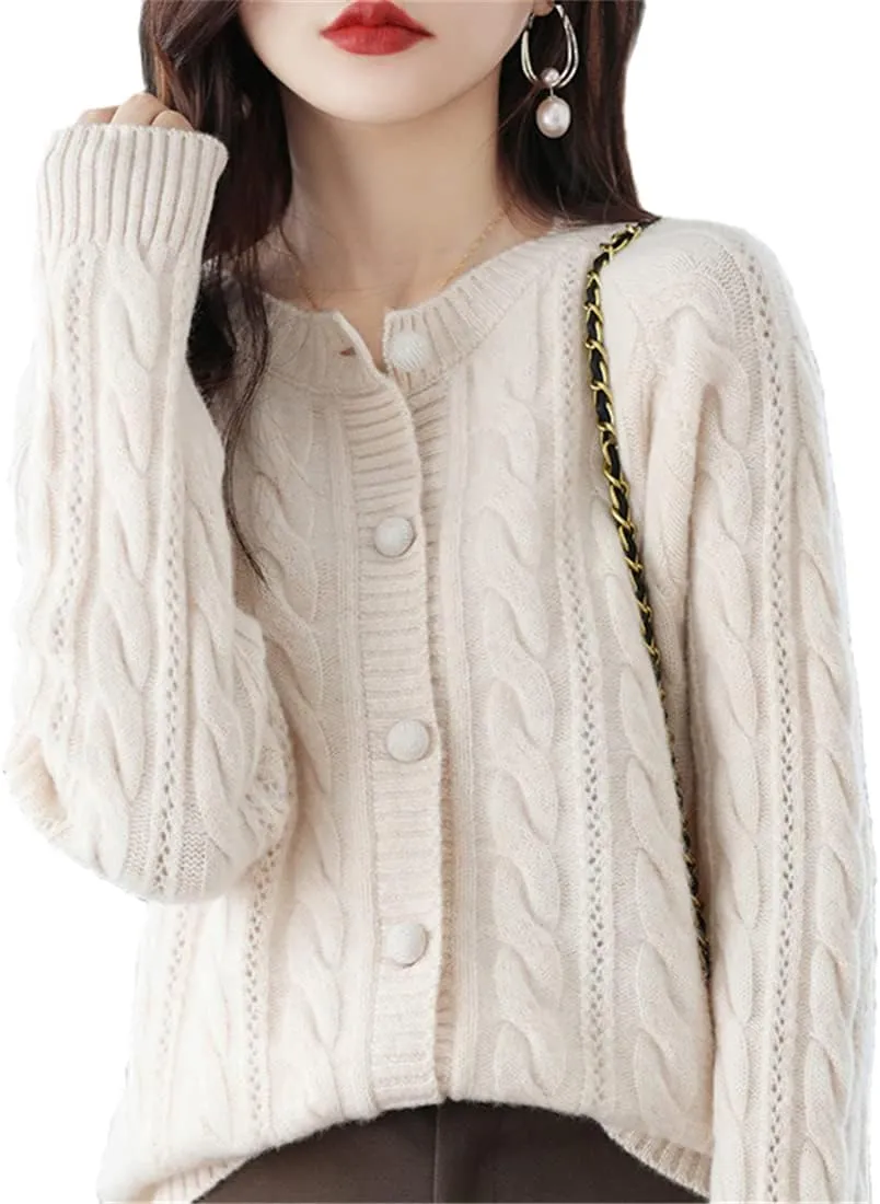100% Pure Wool Knitted Cardigan Women's V-Neck Loose Cashmere Sweater Coat