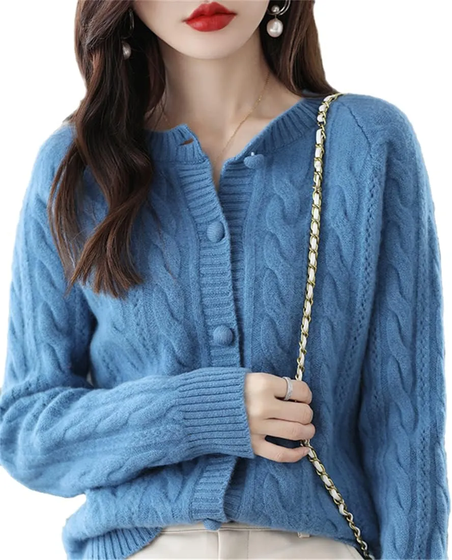 100% Pure Wool Knitted Cardigan Women's V-Neck Loose Cashmere Sweater Coat