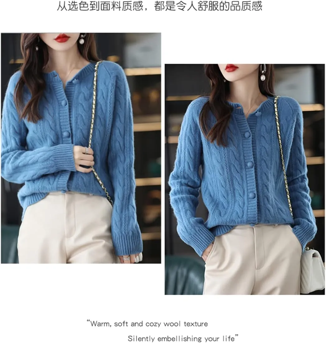 100% Pure Wool Knitted Cardigan Women's V-Neck Loose Cashmere Sweater Coat