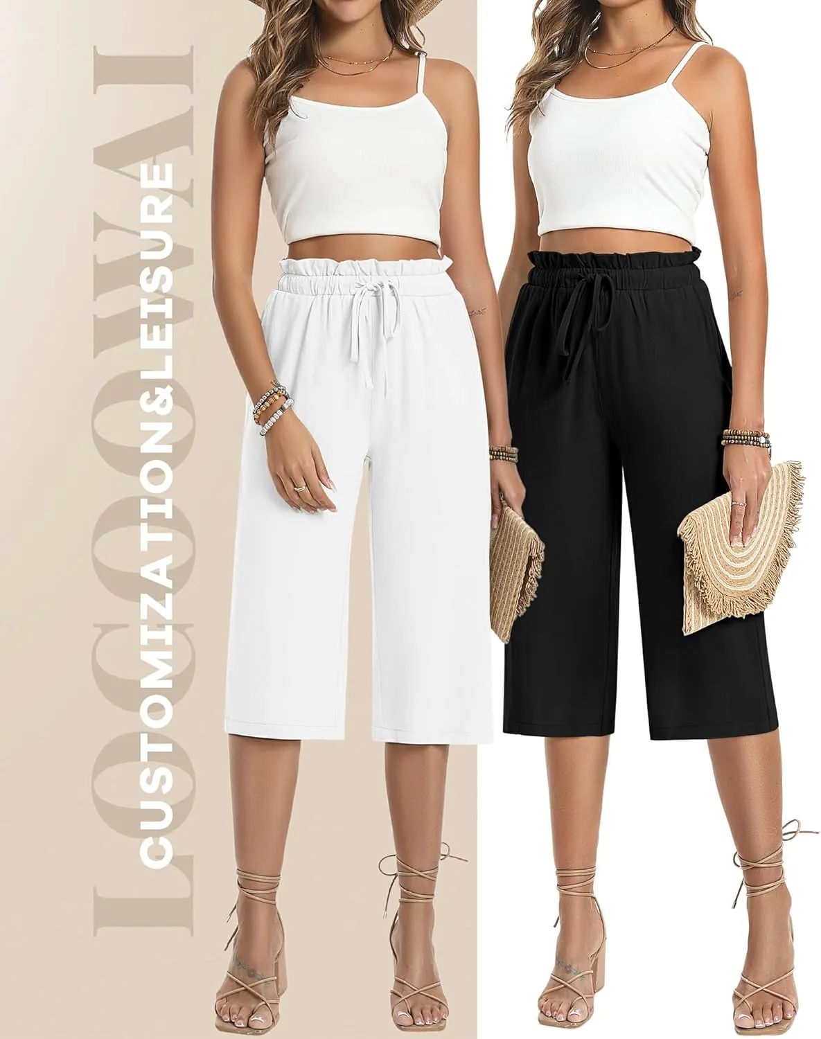 2 Pack Women's Linen Cotton Capri Pants Drawstring High Waisted Loose Wide Leg Casual Summer Trousers with Pockets