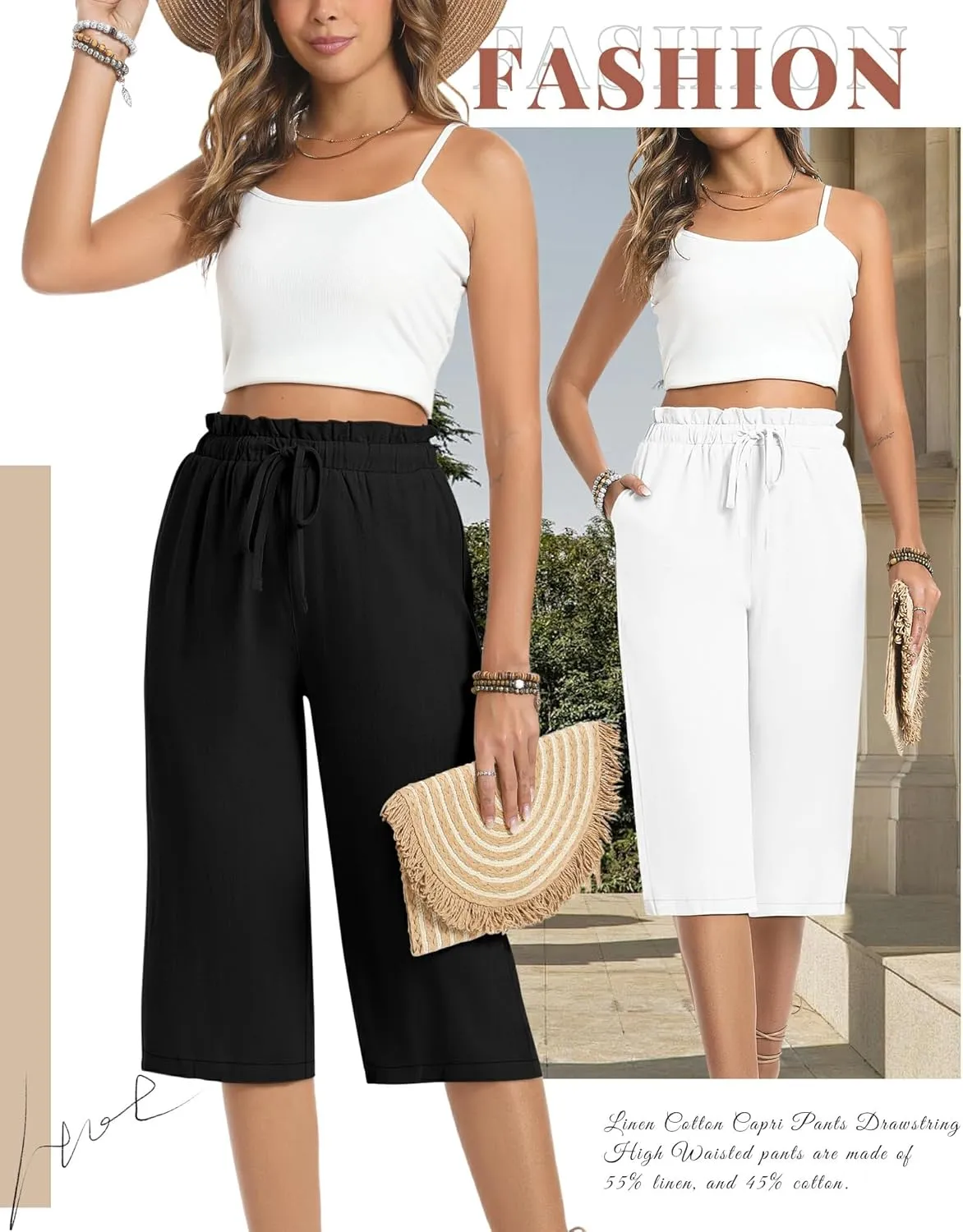 2 Pack Women's Linen Cotton Capri Pants Drawstring High Waisted Loose Wide Leg Casual Summer Trousers with Pockets