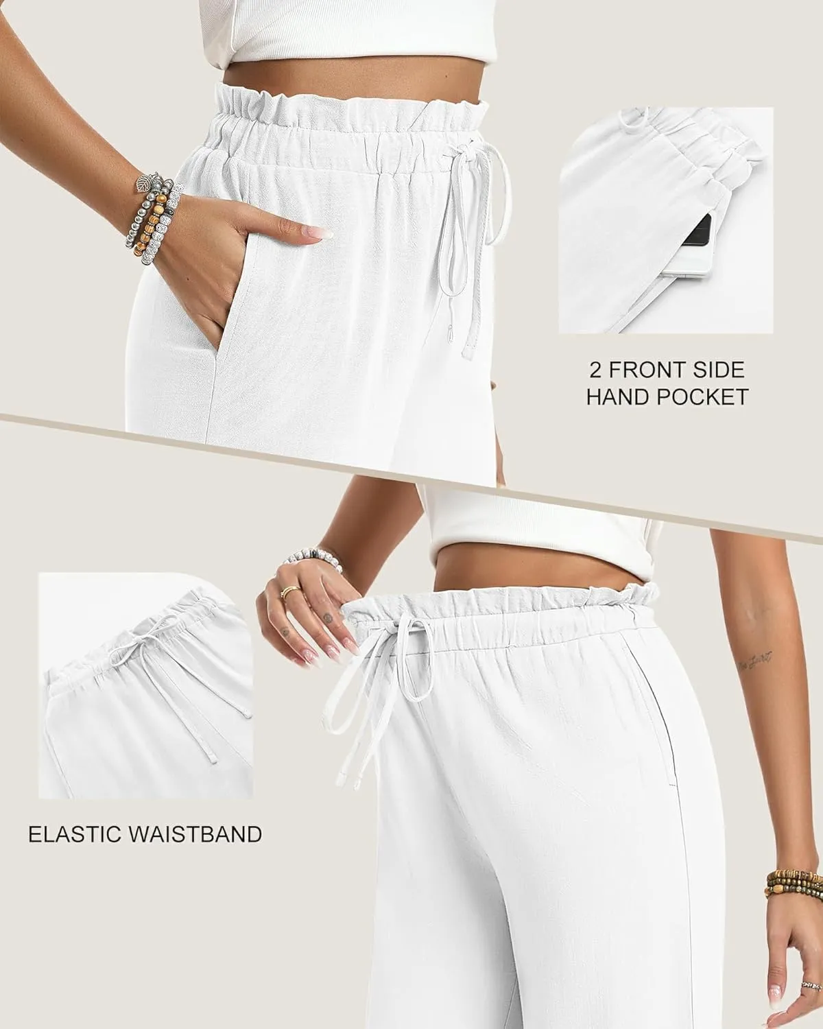 2 Pack Women's Linen Cotton Capri Pants Drawstring High Waisted Loose Wide Leg Casual Summer Trousers with Pockets