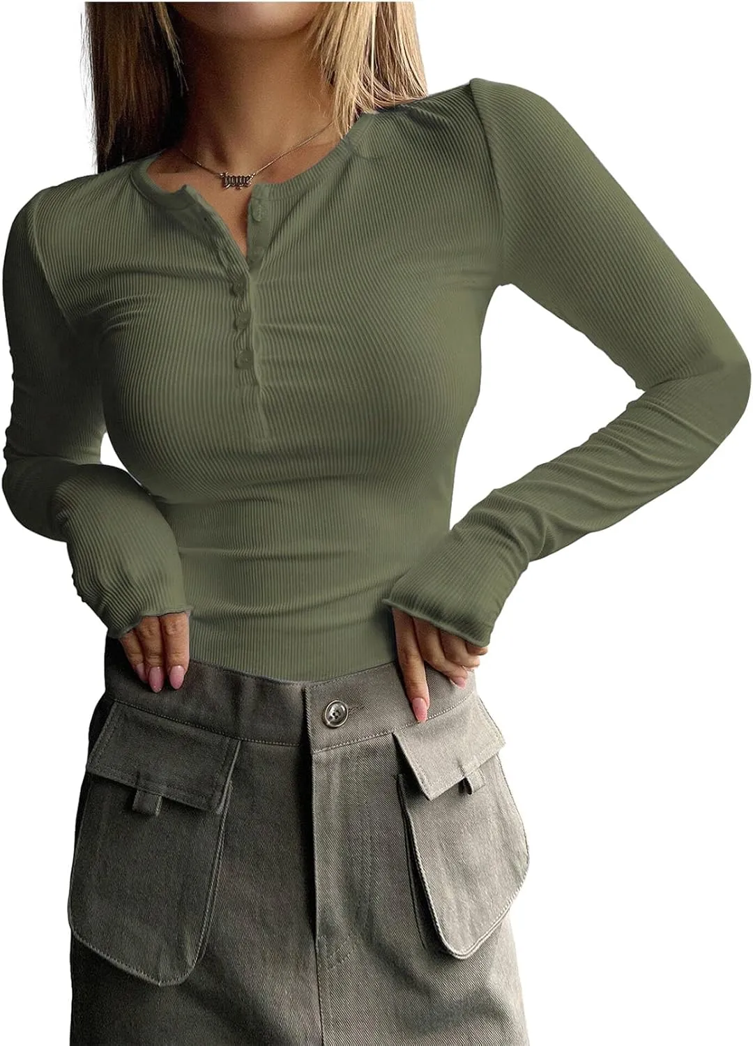 2024 Long Sleeve Shirts for Women V Neck Henley Tops Slim Fit Basic Ribbed Knit Button Down T Shirts Y2K Tops