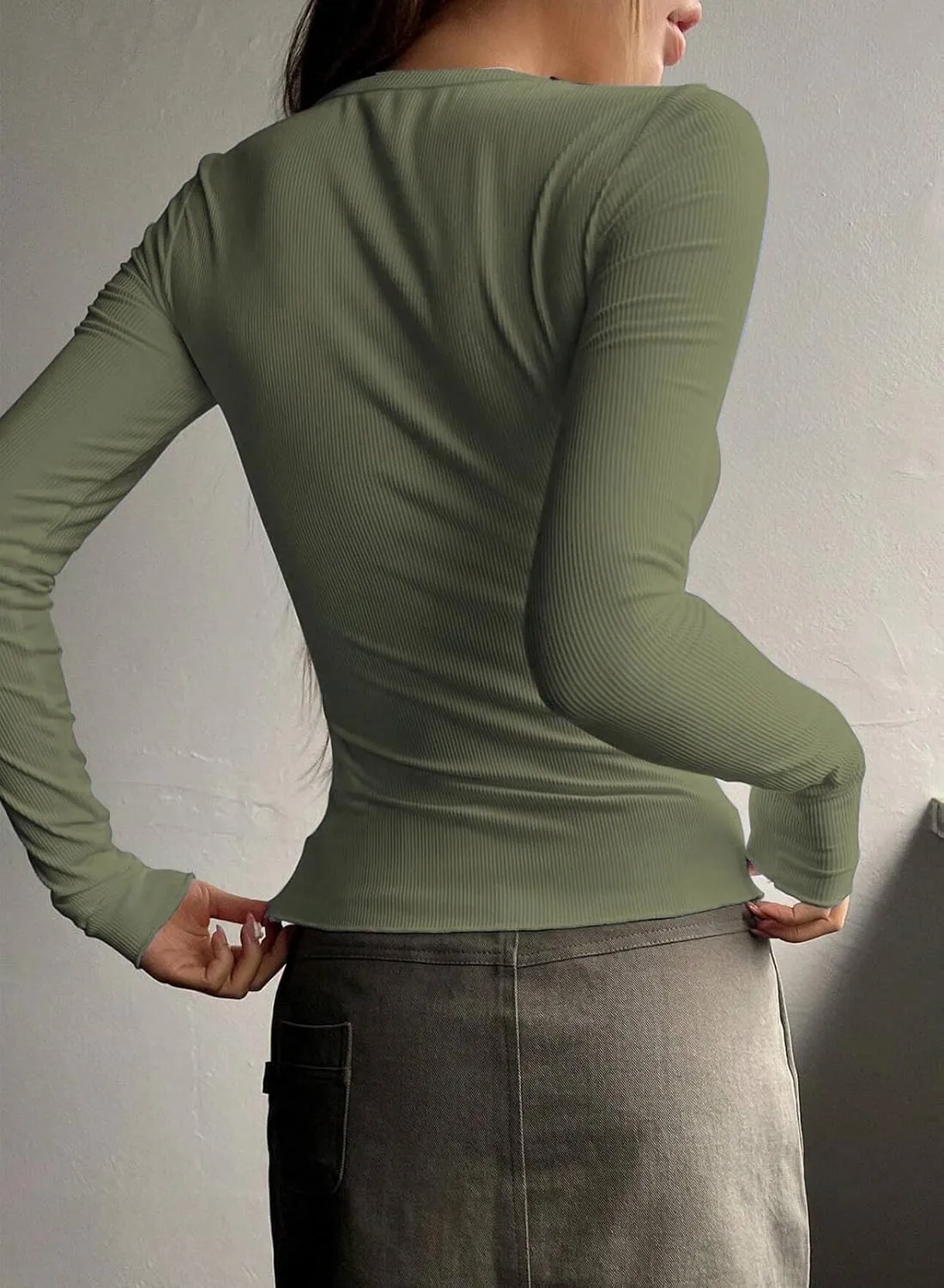 2024 Long Sleeve Shirts for Women V Neck Henley Tops Slim Fit Basic Ribbed Knit Button Down T Shirts Y2K Tops