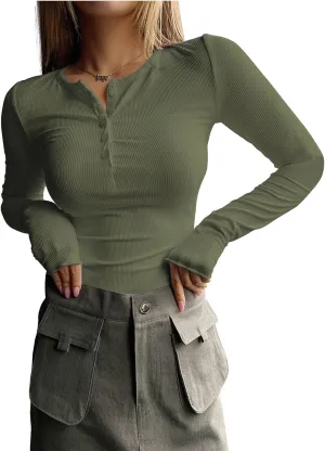 2024 Long Sleeve Shirts for Women V Neck Henley Tops Slim Fit Basic Ribbed Knit Button Down T Shirts Y2K Tops