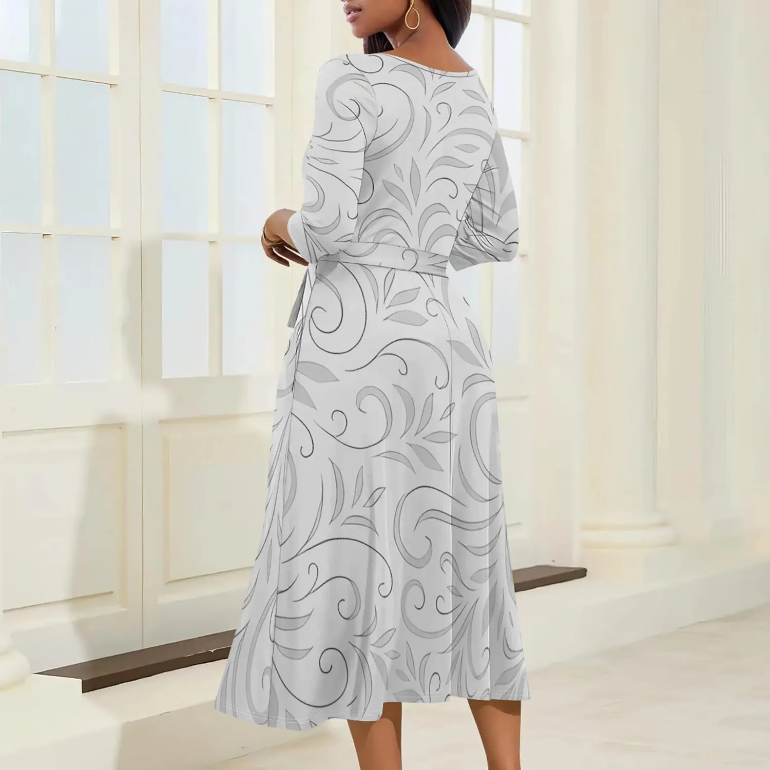 2024 Women's Multicolor Floral Print Fashion Semi Formal Wedding Guest Dress Sexy V-Neck 3/4 Sleeve Midi Flutter Wrap Dresses