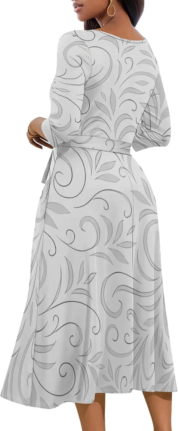 2024 Women's Multicolor Floral Print Fashion Semi Formal Wedding Guest Dress Sexy V-Neck 3/4 Sleeve Midi Flutter Wrap Dresses