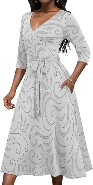 2024 Women's Multicolor Floral Print Fashion Semi Formal Wedding Guest Dress Sexy V-Neck 3/4 Sleeve Midi Flutter Wrap Dresses