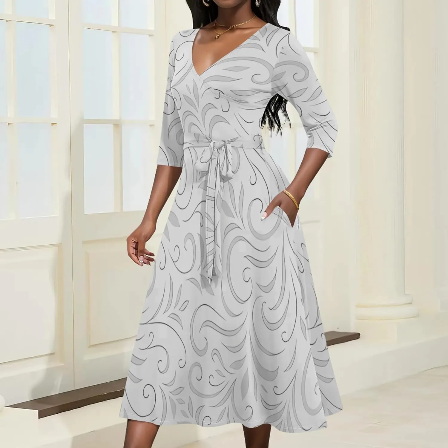 2024 Women's Multicolor Floral Print Fashion Semi Formal Wedding Guest Dress Sexy V-Neck 3/4 Sleeve Midi Flutter Wrap Dresses