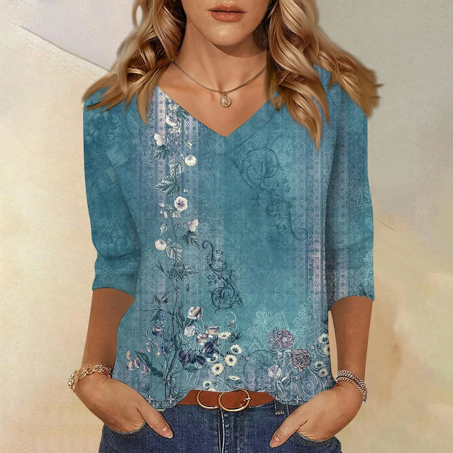 3/4 Sleeve Shirts for Women Cute Solid Floral Graphic V Neck Tunic Tees Blouses Casual Plus Size Basic Tops Pullover