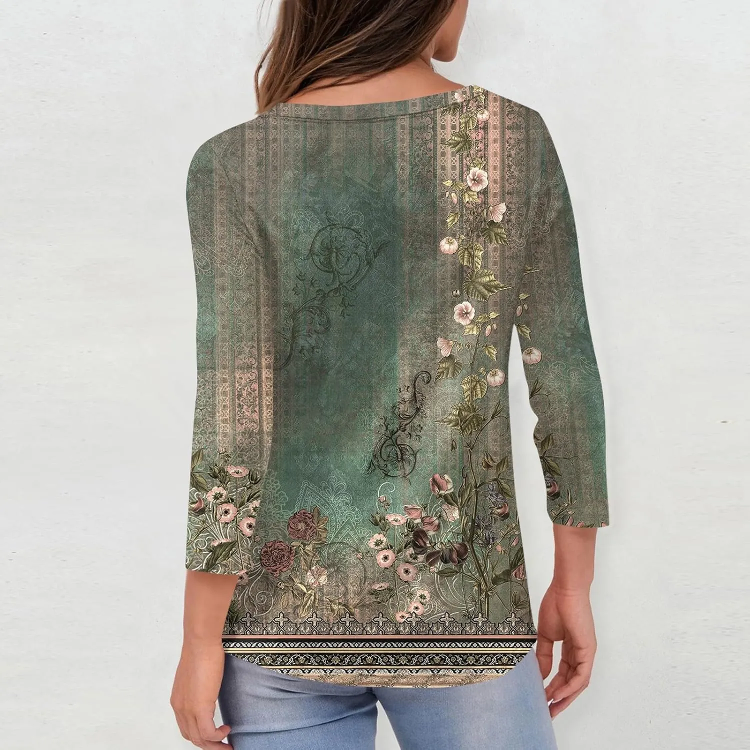 3/4 Sleeve Shirts for Women Cute Solid Floral Graphic V Neck Tunic Tees Blouses Casual Plus Size Basic Tops Pullover