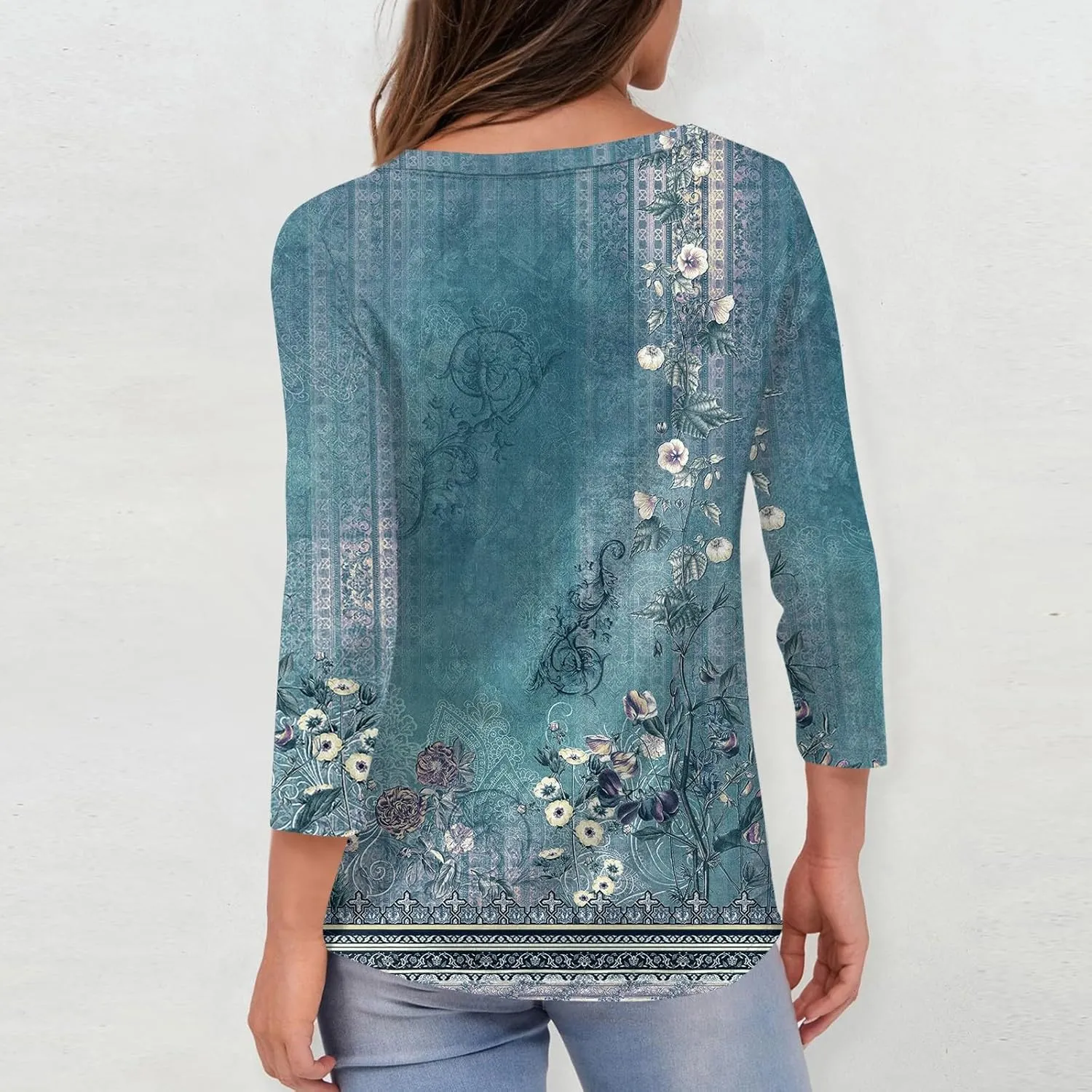 3/4 Sleeve Shirts for Women Cute Solid Floral Graphic V Neck Tunic Tees Blouses Casual Plus Size Basic Tops Pullover