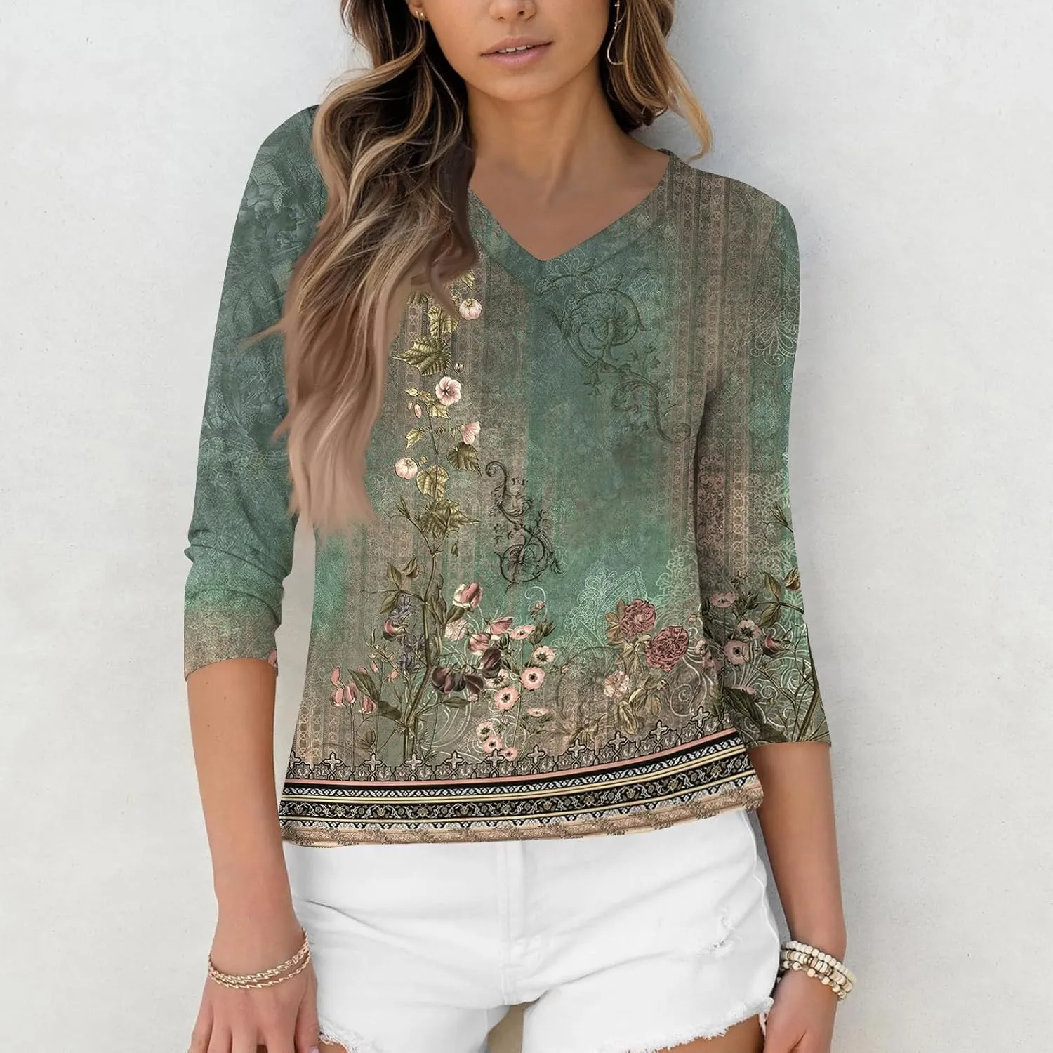 3/4 Sleeve Shirts for Women Cute Solid Floral Graphic V Neck Tunic Tees Blouses Casual Plus Size Basic Tops Pullover
