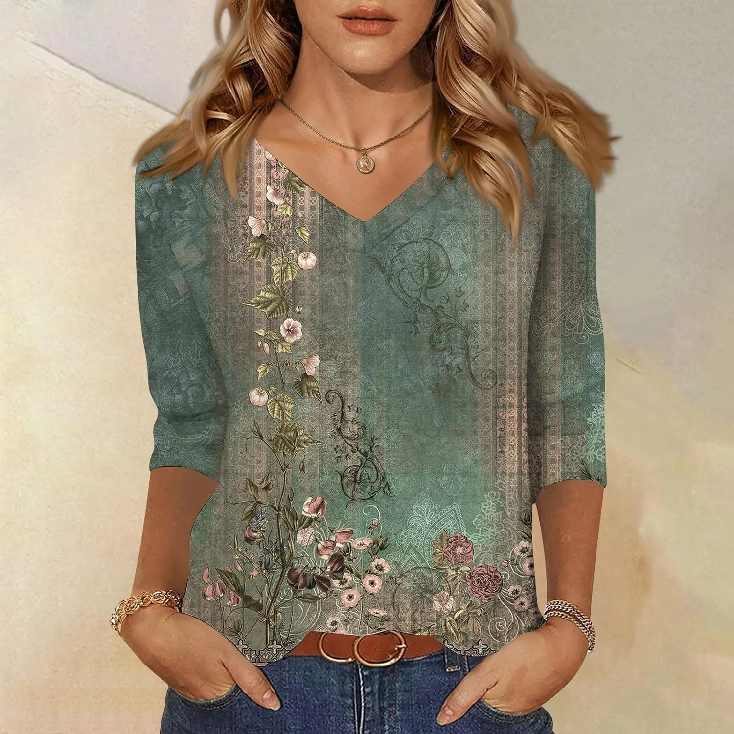3/4 Sleeve Shirts for Women Cute Solid Floral Graphic V Neck Tunic Tees Blouses Casual Plus Size Basic Tops Pullover