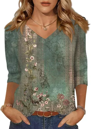 3/4 Sleeve Shirts for Women Cute Solid Floral Graphic V Neck Tunic Tees Blouses Casual Plus Size Basic Tops Pullover