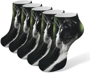 A Black And White Cat 5 Pairs Ankle Socks Comfort Athletic Socks Low Cut Breathable Casual Sock for Unisex