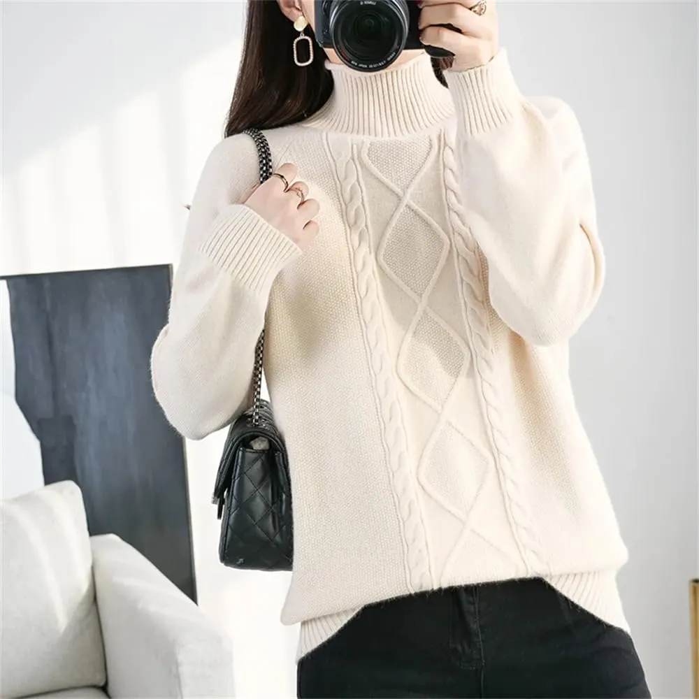 Adhdyuud Women Cashmere Turtleneck Sweater Fall Winter Loose Chunky Knitted Pullover Wool Oversized Sweater
