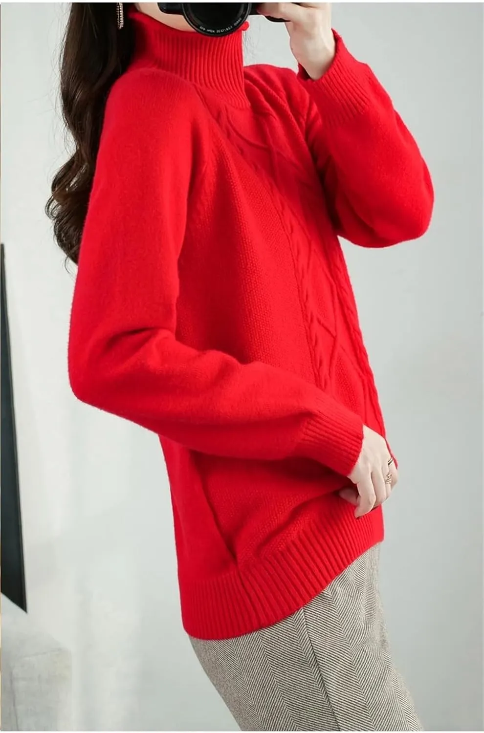 Adhdyuud Women Cashmere Turtleneck Sweater Fall Winter Loose Chunky Knitted Pullover Wool Oversized Sweater