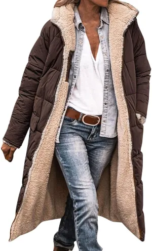 Akivide Womens Fleece Lined Long Jackets Casual Long Sleeve Full Zip Hooded Padded Coat Oversized Winter Warm Coat Outerwear