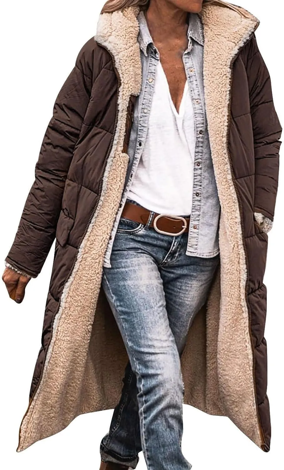Akivide Womens Fleece Lined Long Jackets Casual Long Sleeve Full Zip Hooded Padded Coat Oversized Winter Warm Coat Outerwear