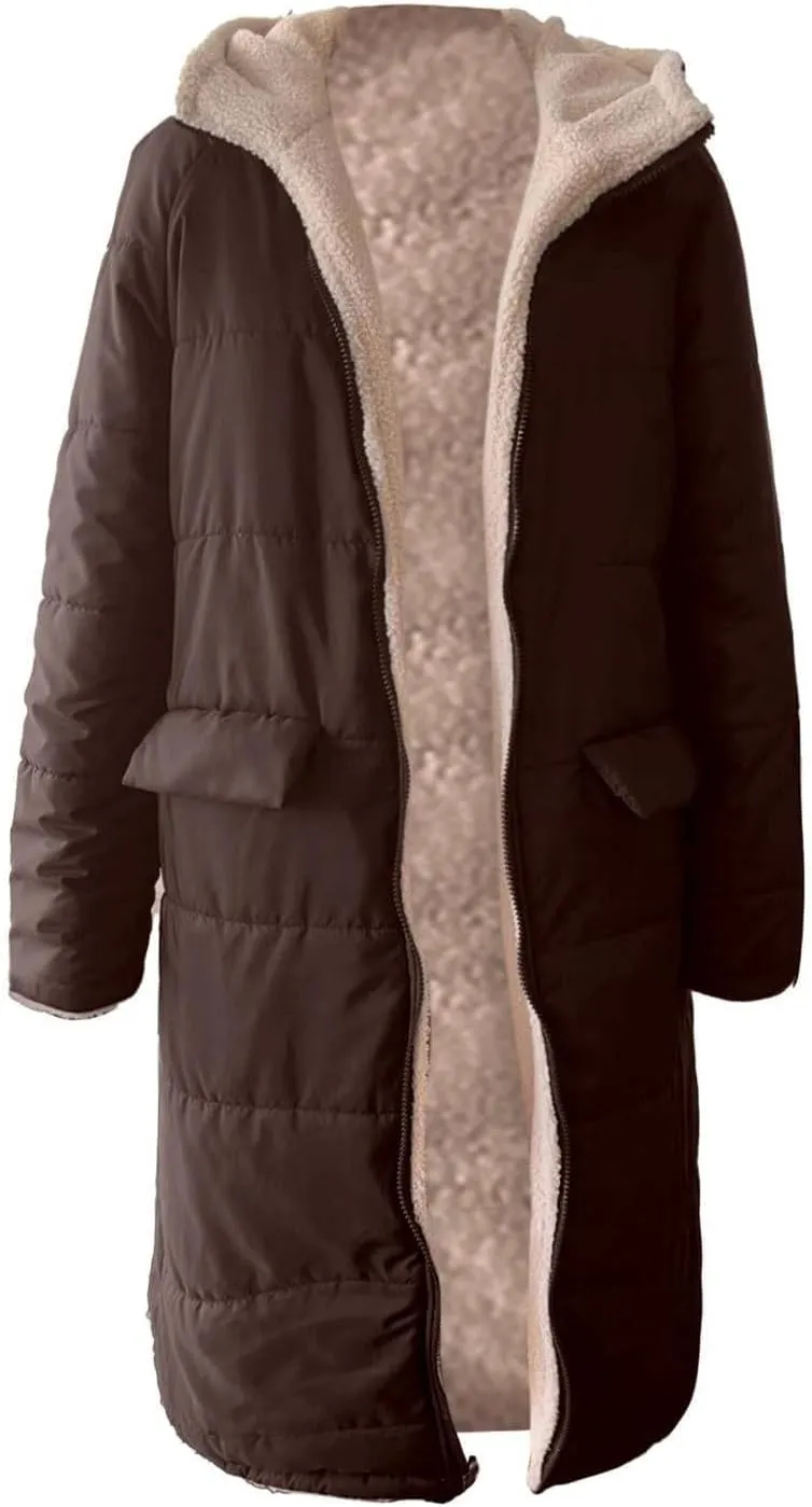 Akivide Womens Fleece Lined Long Jackets Casual Long Sleeve Full Zip Hooded Padded Coat Oversized Winter Warm Coat Outerwear