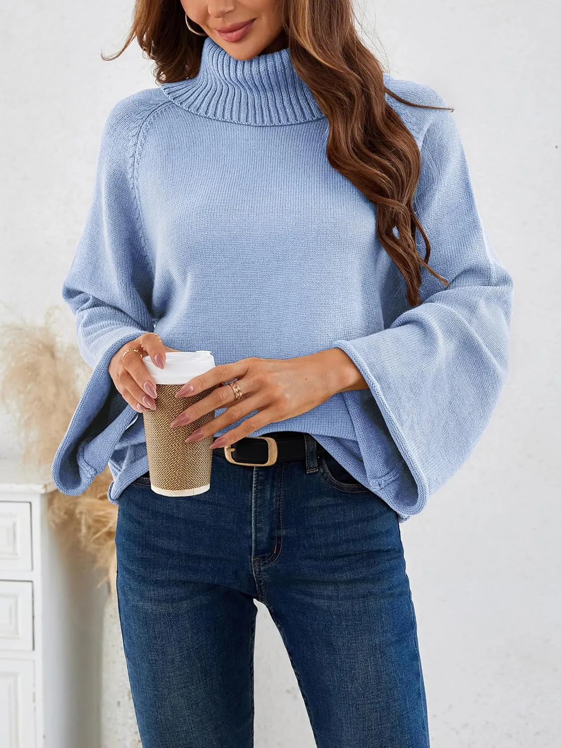 Angashion Womens Turtleneck Pullover Sweaters - Fall Winter Oversized Bell Long Sleeve Ribbed Knit Jumper Tops