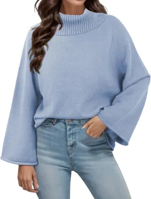 Angashion Womens Turtleneck Pullover Sweaters - Fall Winter Oversized Bell Long Sleeve Ribbed Knit Jumper Tops