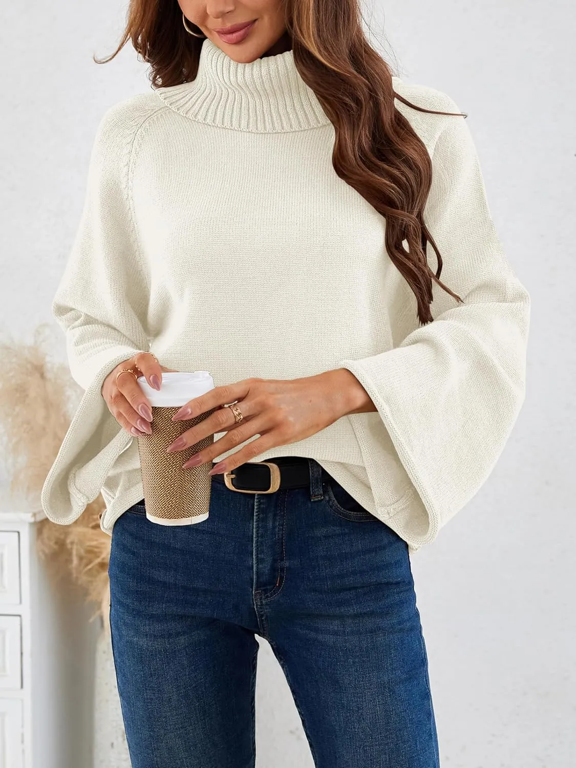 Angashion Womens Turtleneck Pullover Sweaters - Fall Winter Oversized Bell Long Sleeve Ribbed Knit Jumper Tops