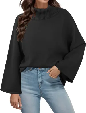 Angashion Womens Turtleneck Pullover Sweaters - Fall Winter Oversized Bell Long Sleeve Ribbed Knit Jumper Tops