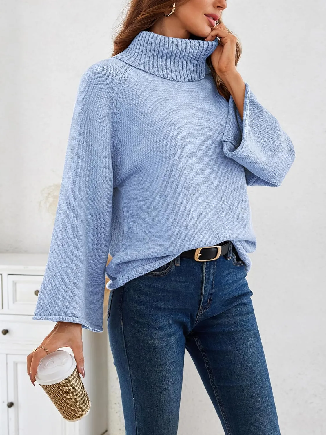 Angashion Womens Turtleneck Pullover Sweaters - Fall Winter Oversized Bell Long Sleeve Ribbed Knit Jumper Tops