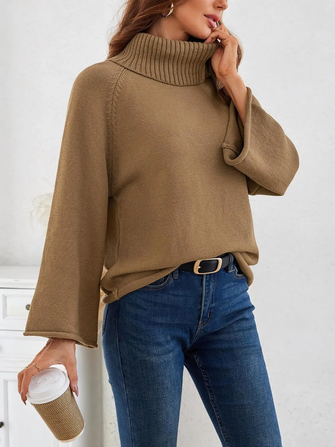 Angashion Womens Turtleneck Pullover Sweaters - Fall Winter Oversized Bell Long Sleeve Ribbed Knit Jumper Tops