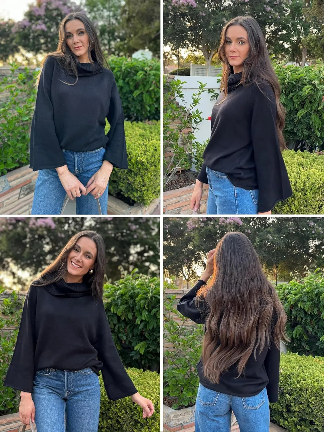 Angashion Womens Turtleneck Pullover Sweaters - Fall Winter Oversized Bell Long Sleeve Ribbed Knit Jumper Tops