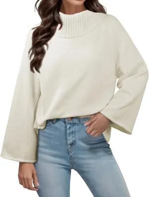 Angashion Womens Turtleneck Pullover Sweaters - Fall Winter Oversized Bell Long Sleeve Ribbed Knit Jumper Tops