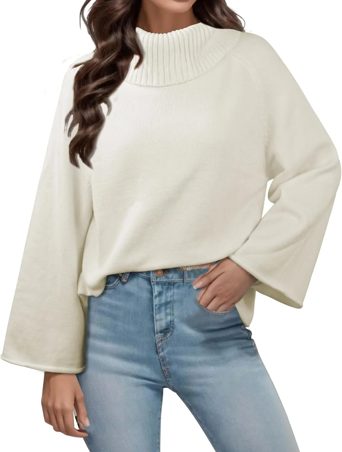 Angashion Womens Turtleneck Pullover Sweaters - Fall Winter Oversized Bell Long Sleeve Ribbed Knit Jumper Tops