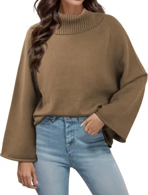 Angashion Womens Turtleneck Pullover Sweaters - Fall Winter Oversized Bell Long Sleeve Ribbed Knit Jumper Tops