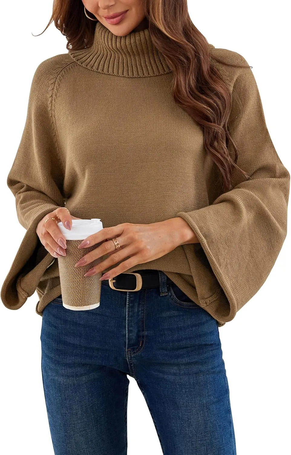 Angashion Womens Turtleneck Pullover Sweaters - Fall Winter Oversized Bell Long Sleeve Ribbed Knit Jumper Tops
