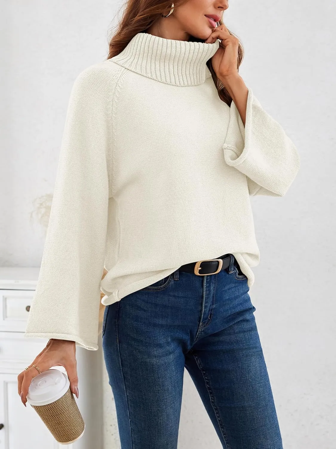 Angashion Womens Turtleneck Pullover Sweaters - Fall Winter Oversized Bell Long Sleeve Ribbed Knit Jumper Tops