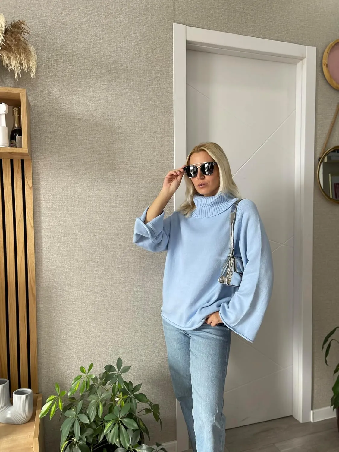 Angashion Womens Turtleneck Pullover Sweaters - Fall Winter Oversized Bell Long Sleeve Ribbed Knit Jumper Tops
