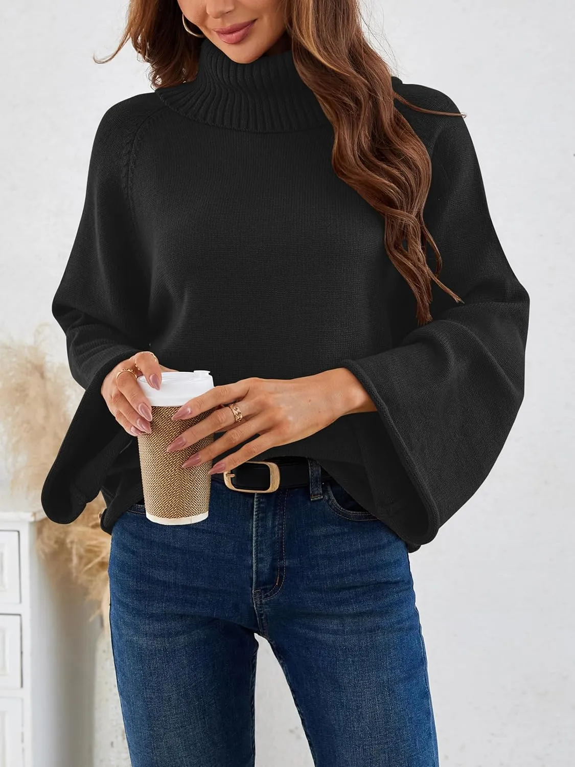 Angashion Womens Turtleneck Pullover Sweaters - Fall Winter Oversized Bell Long Sleeve Ribbed Knit Jumper Tops