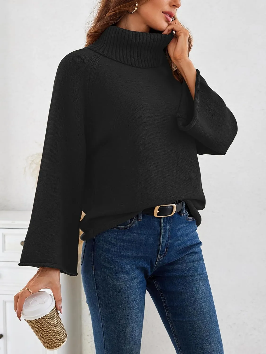 Angashion Womens Turtleneck Pullover Sweaters - Fall Winter Oversized Bell Long Sleeve Ribbed Knit Jumper Tops