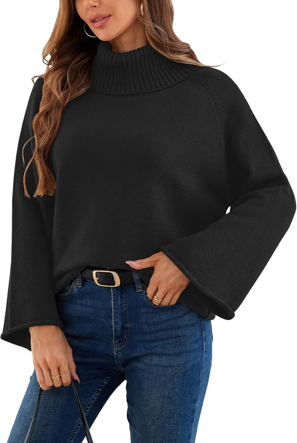 Angashion Womens Turtleneck Pullover Sweaters - Fall Winter Oversized Bell Long Sleeve Ribbed Knit Jumper Tops