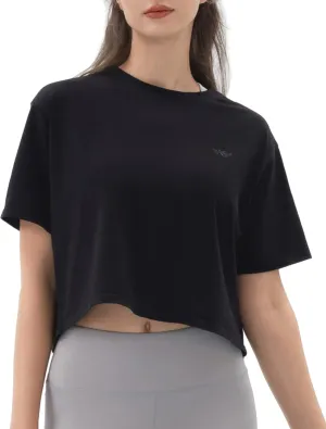 Angel season Workout Tops for Women Cropped Athletic Shirts Loose Fit Crewneck Yoga Top Moisture Wicking Running Gym