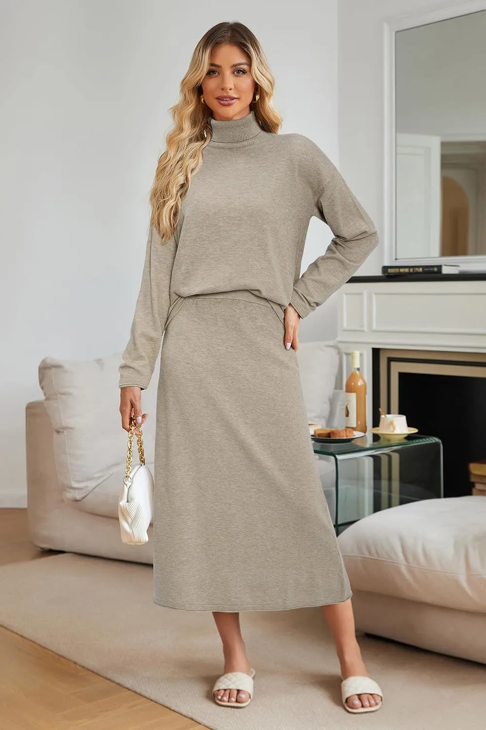 Arach&Cloz Womens 2 Piece Sweaters Sets Turtleneck Long Sleeve Tops Long Maxi Skirt Casual Fall Fashion 2024 Outfits