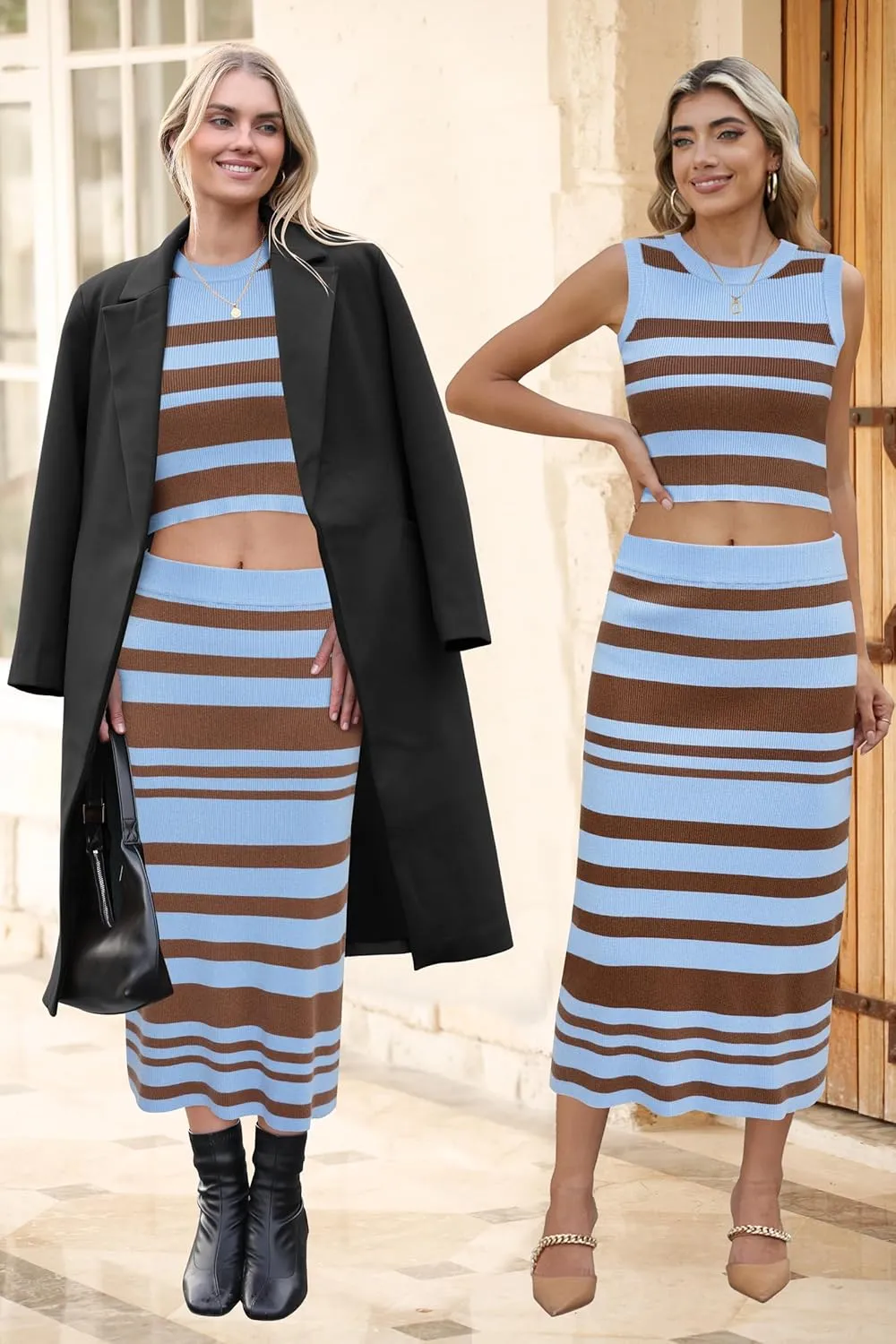 Arach&Cloz Women's Two Piece Sets 2025 Bodycon Dresses Summer Outfits Tank Top and Midi Skirt Suits Sweater