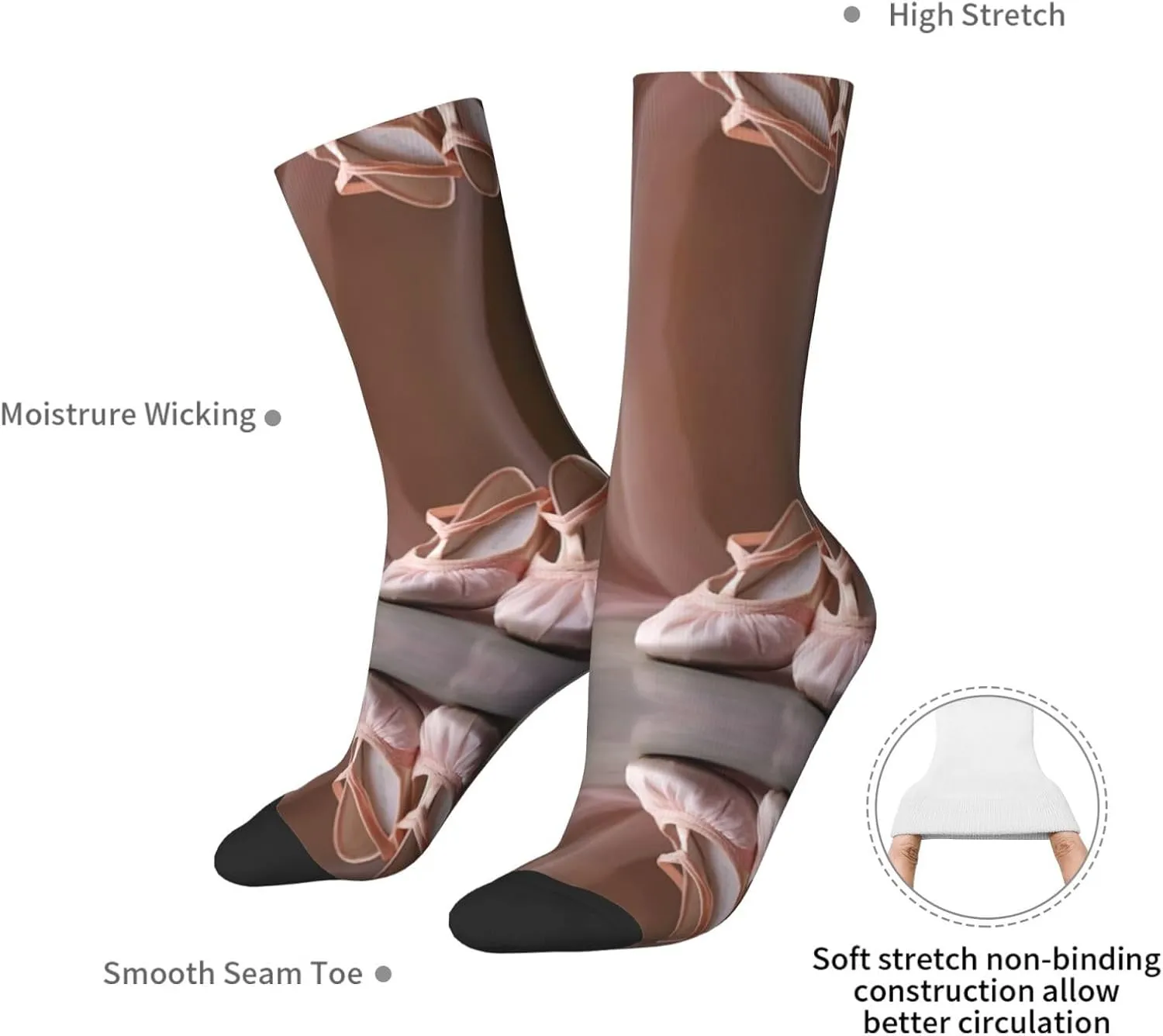 Ballet Shoes1 Print Fun Contrast Socks,Novel Crazy Cool Socks,Pattern Funky Novelty Socks,Unisex Bulk Socks