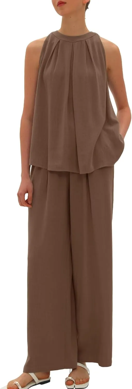 Beaully Women's Summer Linen 2 Piece Outfits Sets Loose Fit Sleeveless Tank Tops Wide Leg Pant Sets Lounge Travel Sets