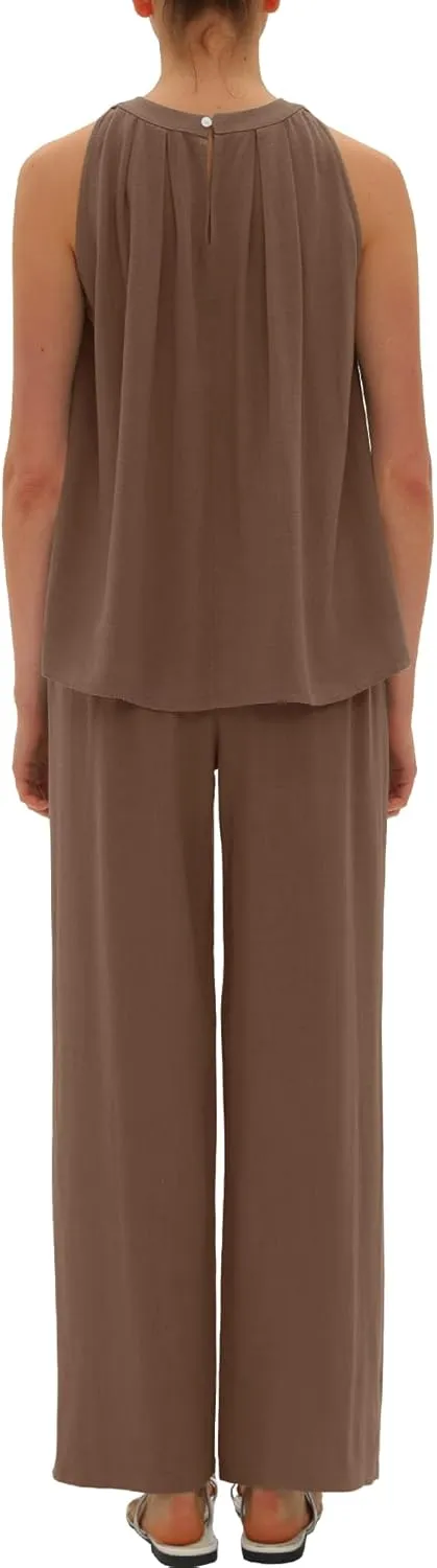 Beaully Women's Summer Linen 2 Piece Outfits Sets Loose Fit Sleeveless Tank Tops Wide Leg Pant Sets Lounge Travel Sets